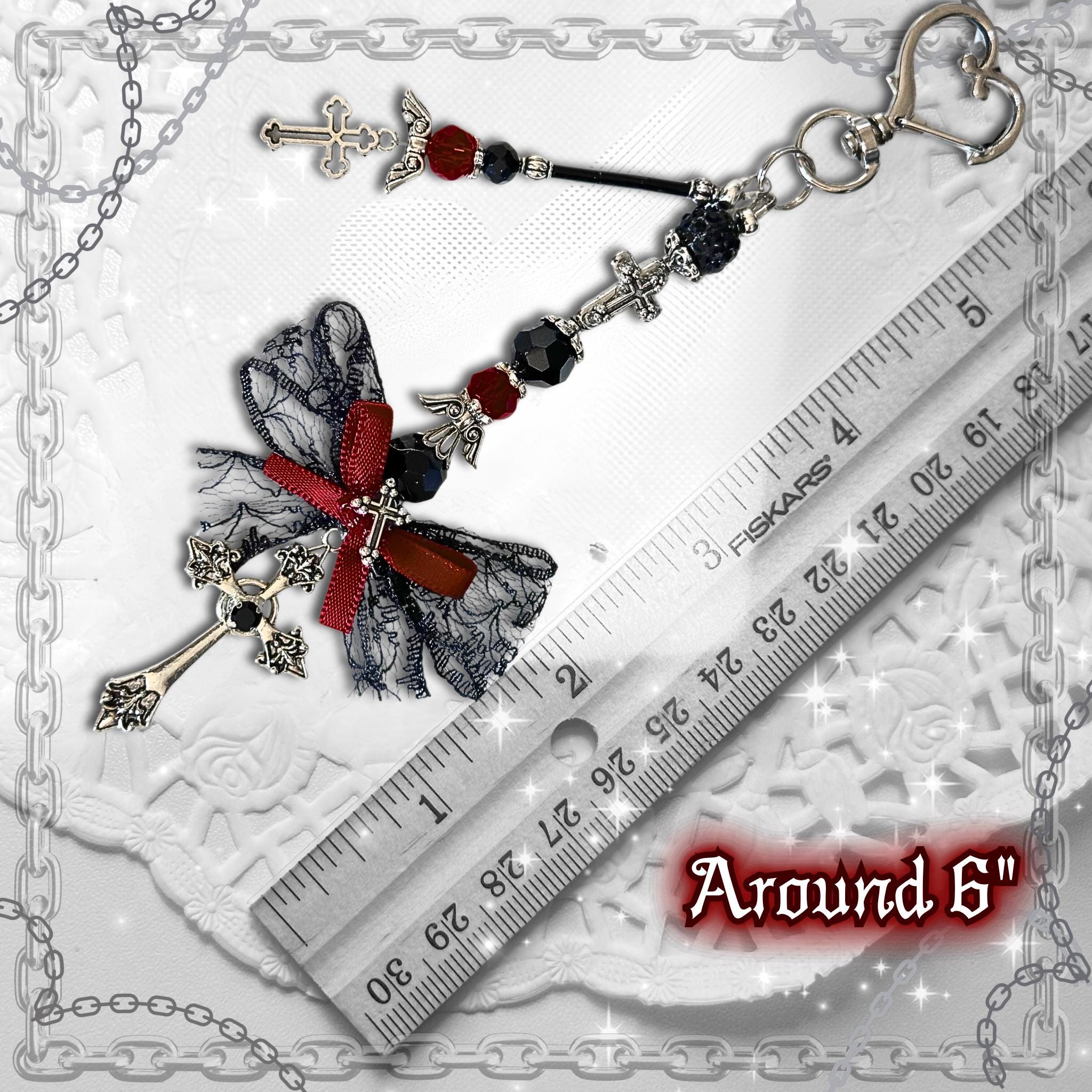 Gothic Cross Purse Charm – Red & Black Beaded Lace Bow, Alt Fashion