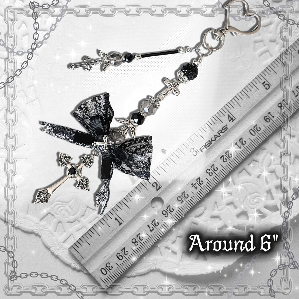 Gothic Cross Purse Charm – Black Lace Bow, Alt Bag Accessory