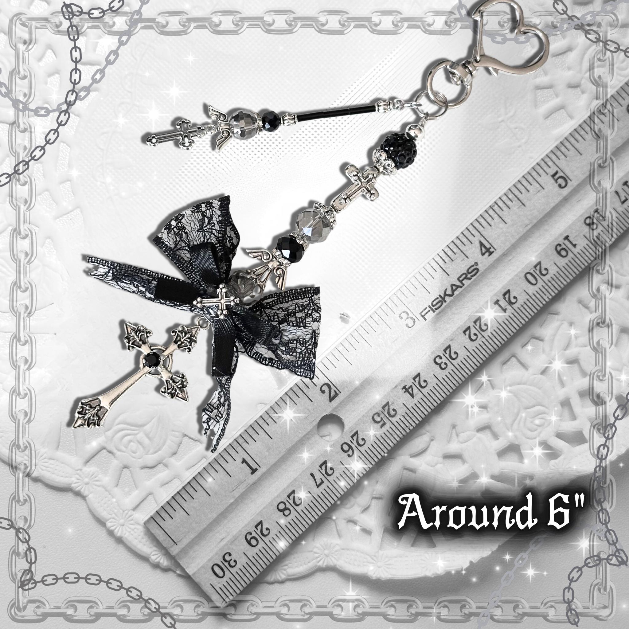 Gothic Cross Purse Charm – Black Lace Bow, Alt Bag Accessory