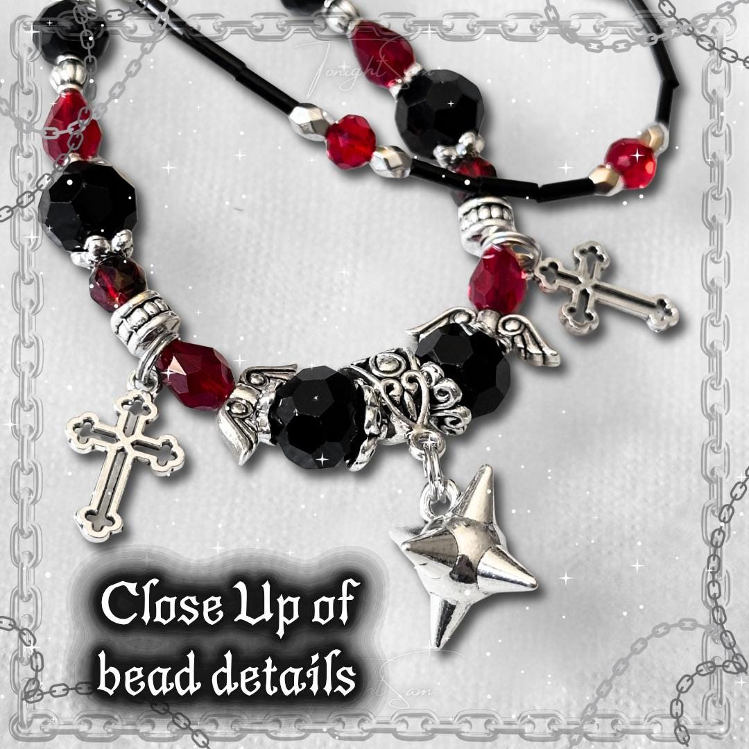 Gothic Beaded Bracelet, Red Black Cross Charm, Vampire Jewelry