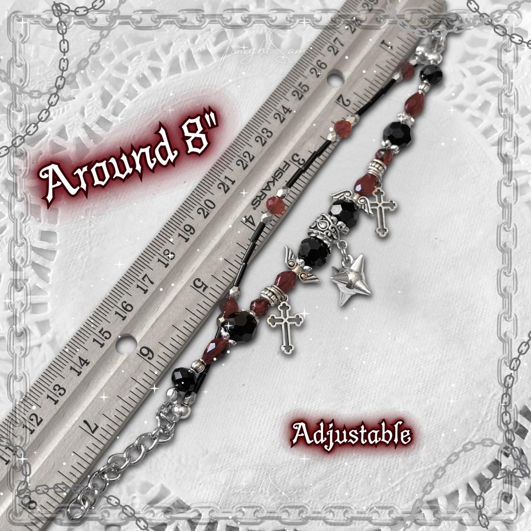 Gothic Beaded Bracelet, Red Black Cross Charm, Vampire Jewelry