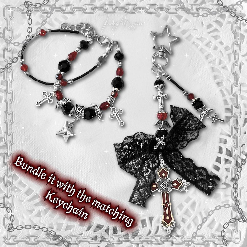 Gothic Beaded Bracelet, Red Black Cross Charm, Vampire Jewelry
