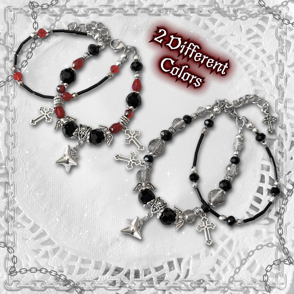 Gothic Beaded Bracelet, Red Black Cross Charm, Vampire Jewelry
