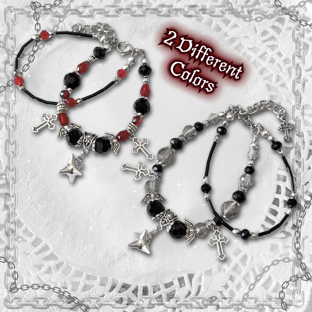 Gothic Beaded Bracelet, Red Black Cross Charm, Vampire Jewelry