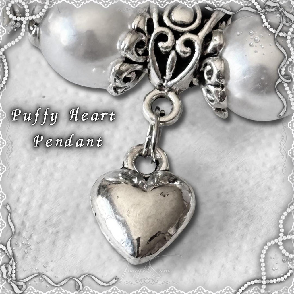 Coquette Beaded Bracelet, Pearl & Silver Heart Charms, Lolita Jewelry