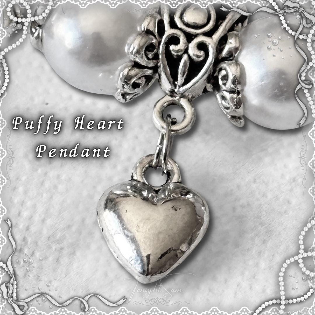 Coquette Beaded Bracelet, Pearl & Silver Heart Charms, Lolita Jewelry