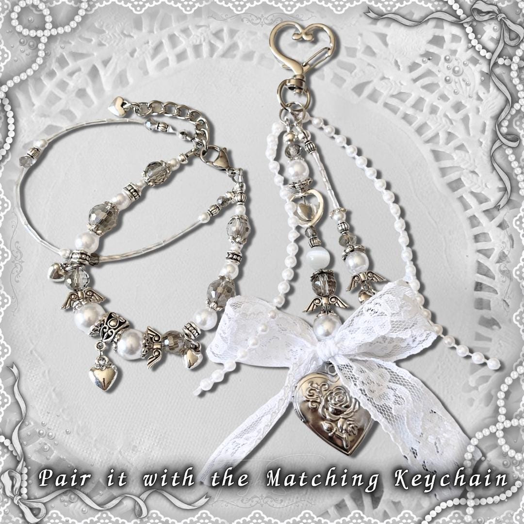 Coquette Beaded Bracelet, Pearl & Silver Heart Charms, Lolita Jewelry