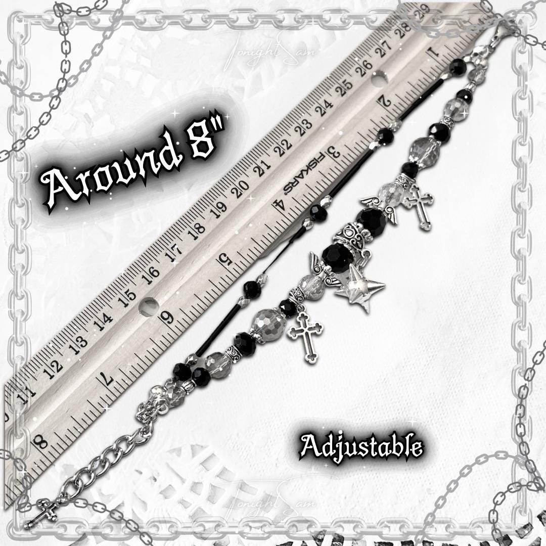 Gothic Beaded Bracelet, Cross Charm, Angel Wing, Y2K Punk Jewelry