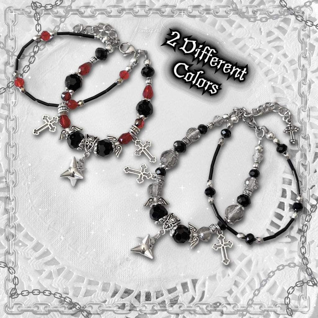 Gothic Beaded Bracelet, Cross Charm, Angel Wing, Y2K Punk Jewelry