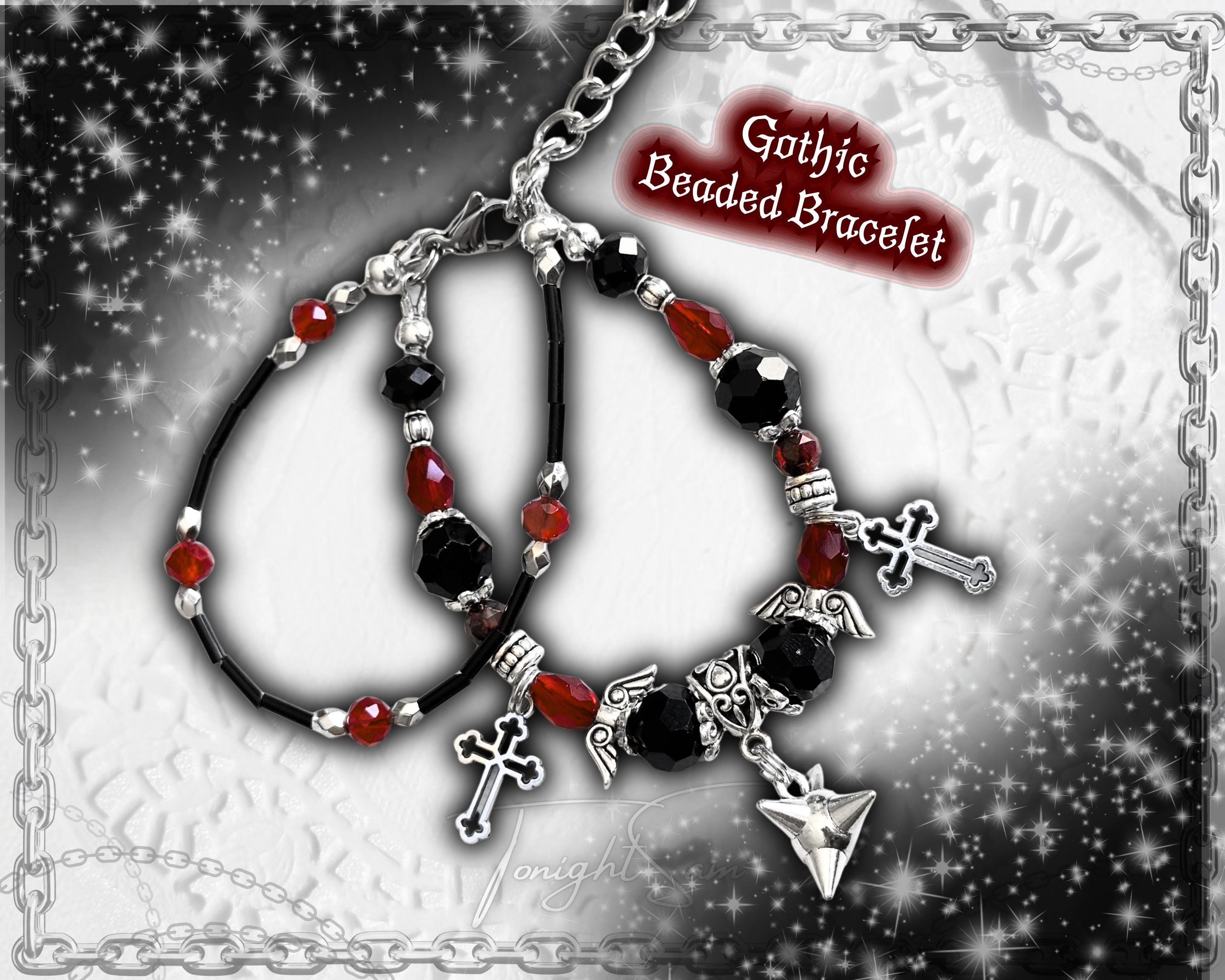 Gothic Beaded Bracelet, Red Black Cross Charm, Vampire Jewelry