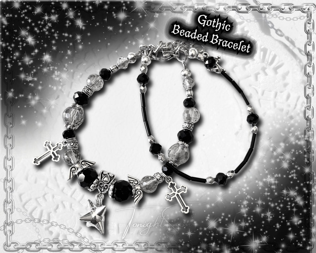 Gothic Beaded Bracelet, Cross Charm, Angel Wing, Y2K Punk Jewelry