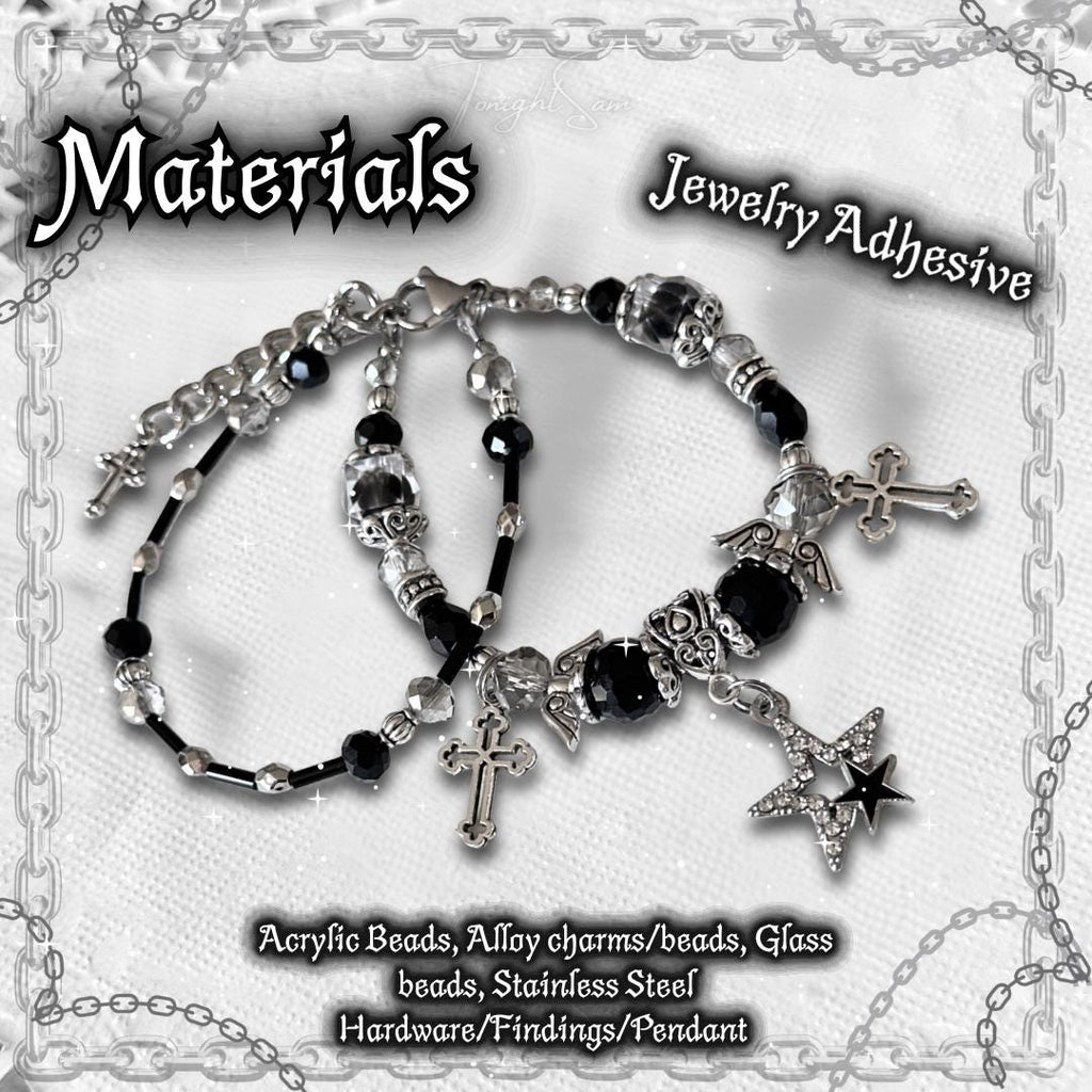 Gothic Beaded Bracelet with Silver Cross & Angel Wing Charms