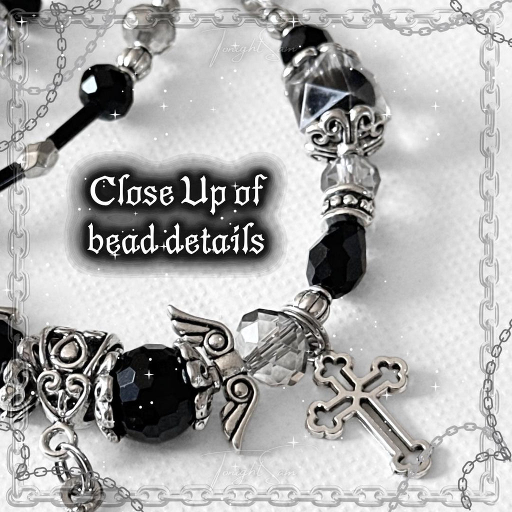 Gothic Beaded Bracelet with Silver Cross & Angel Wing Charms