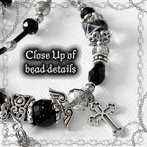 Gothic Beaded Bracelet with Silver Cross & Angel Wing Charms