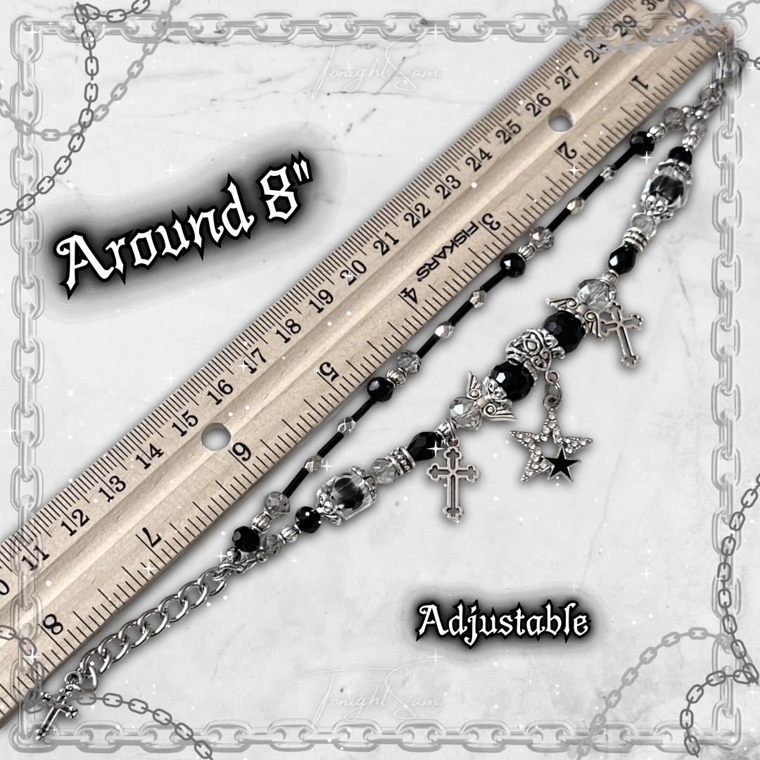 Gothic Beaded Bracelet with Silver Cross & Angel Wing Charms