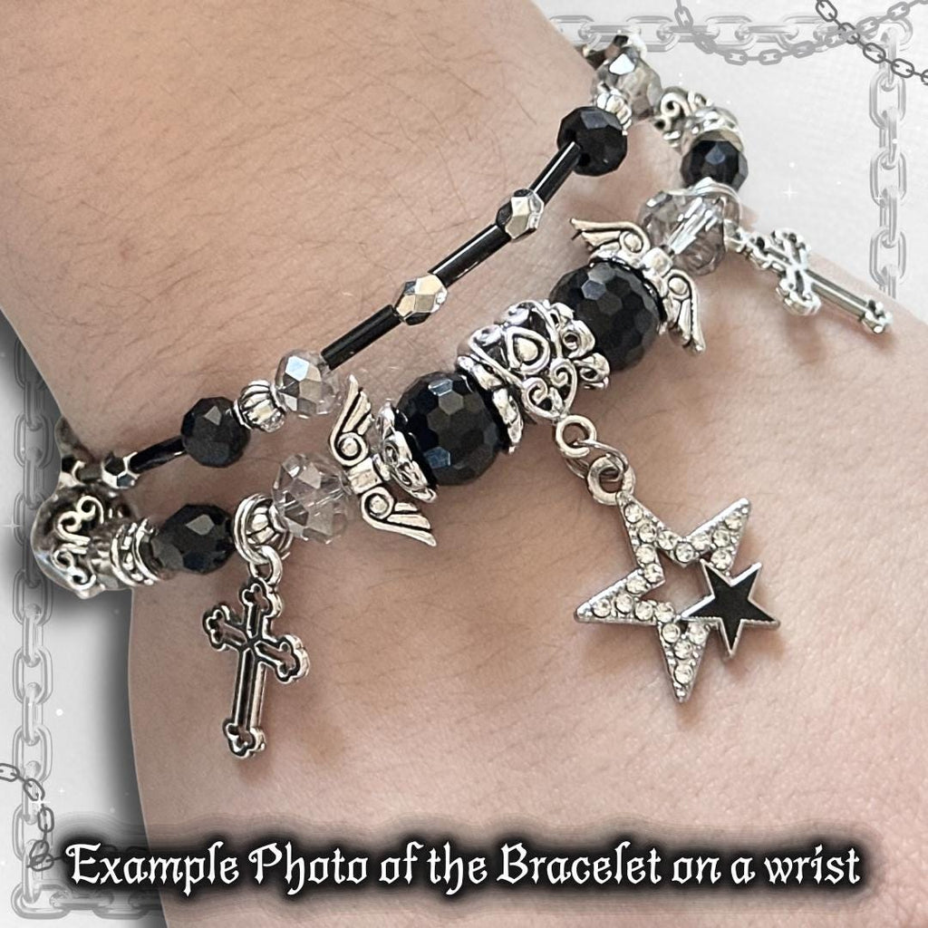 Gothic Beaded Bracelet with Silver Cross & Angel Wing Charms