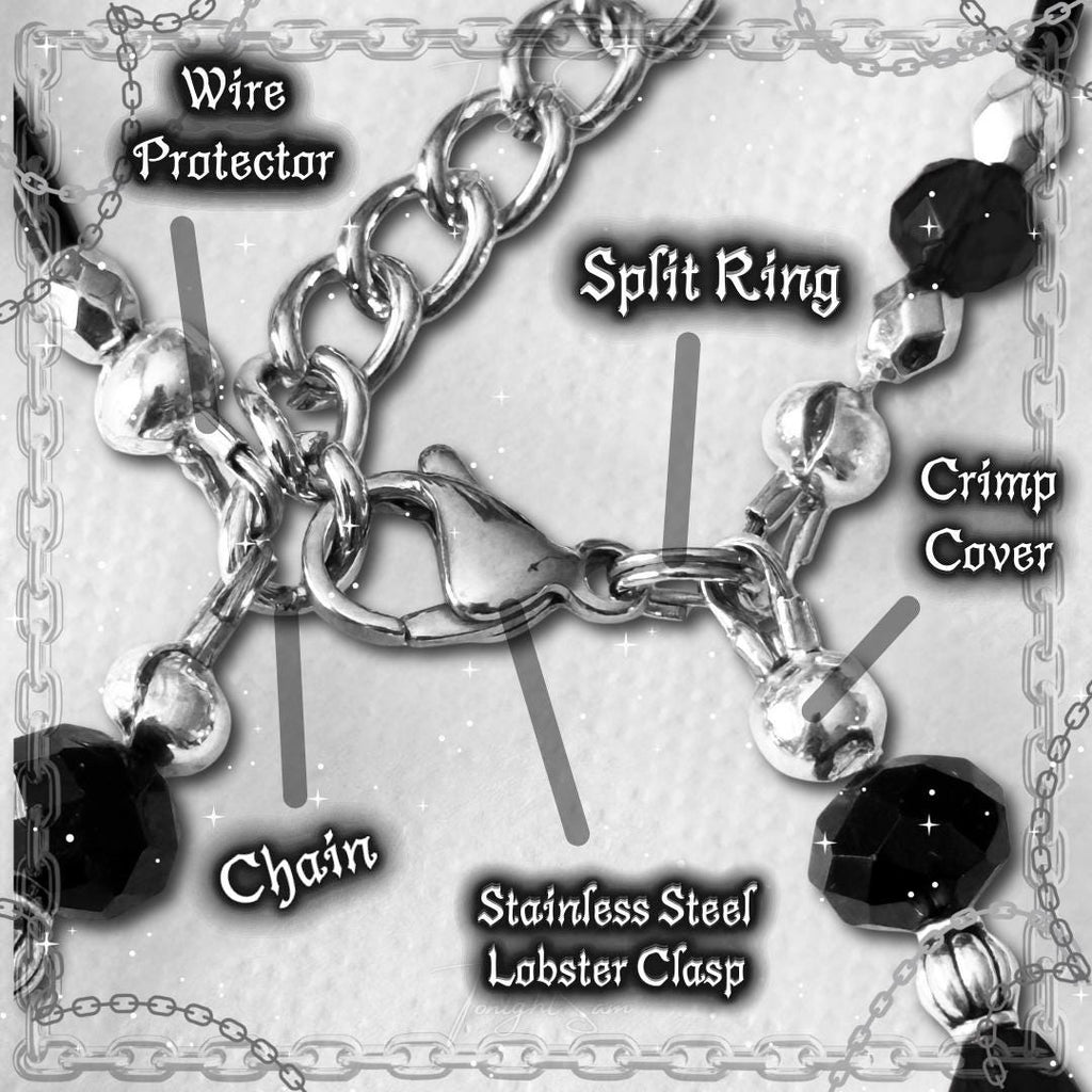 Gothic Beaded Bracelet with Silver Cross Charms, Adjustable Y2K Goth Jewelry