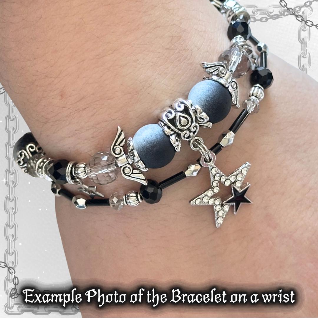Gothic Beaded Bracelet with Silver Cross Charms, Adjustable Y2K Goth Jewelry