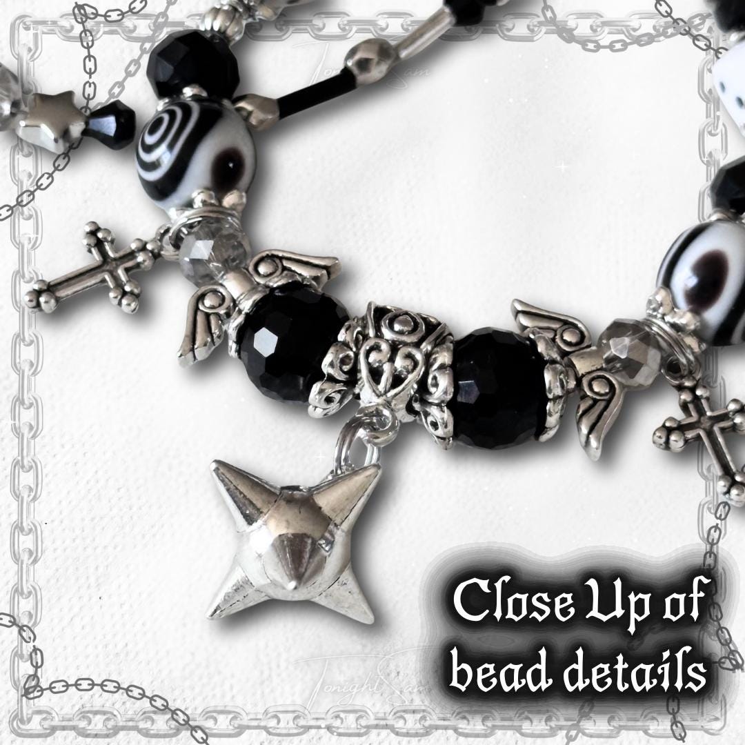 Gothic Beaded Bracelet, Silver Cross, Dice Charms, Y2K Alt Jewelry