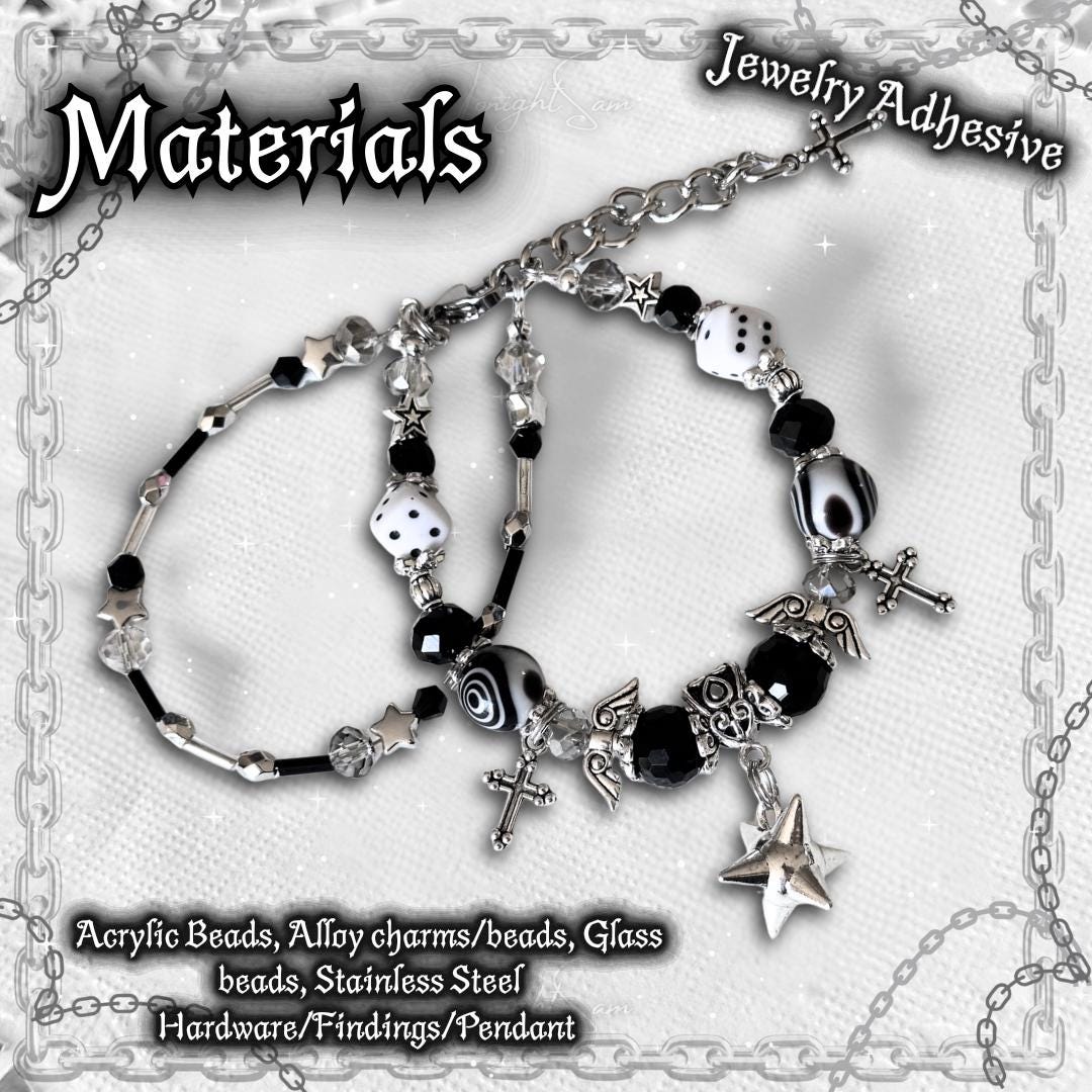 Gothic Beaded Bracelet, Silver Cross, Dice Charms, Y2K Alt Jewelry
