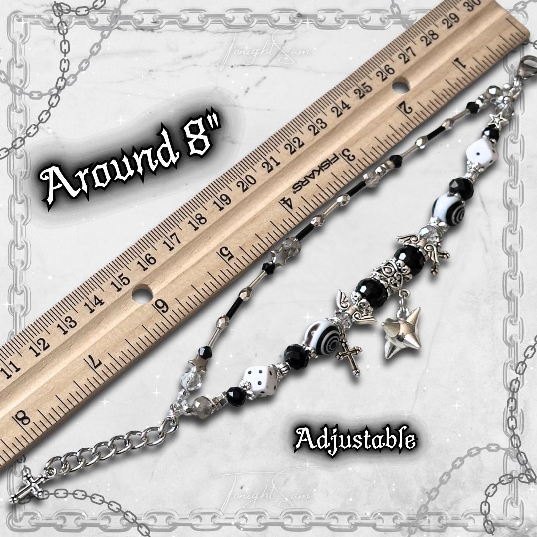 Gothic Beaded Bracelet, Silver Cross, Dice Charms, Y2K Alt Jewelry