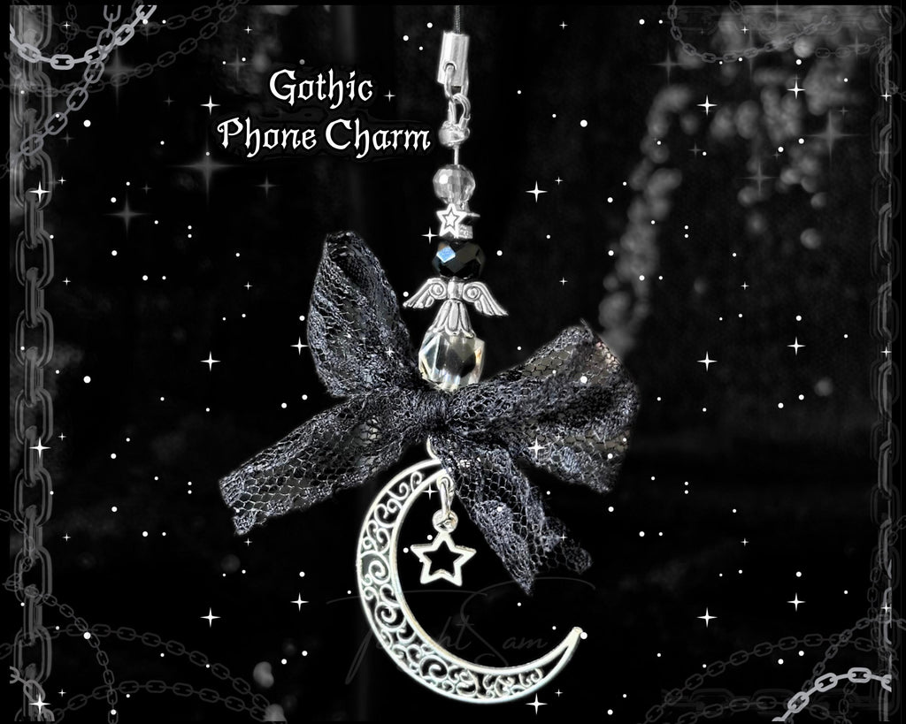 Gothic Moon Star Phone Charm, Black Lace Bow, Y2K Grunge Accessory