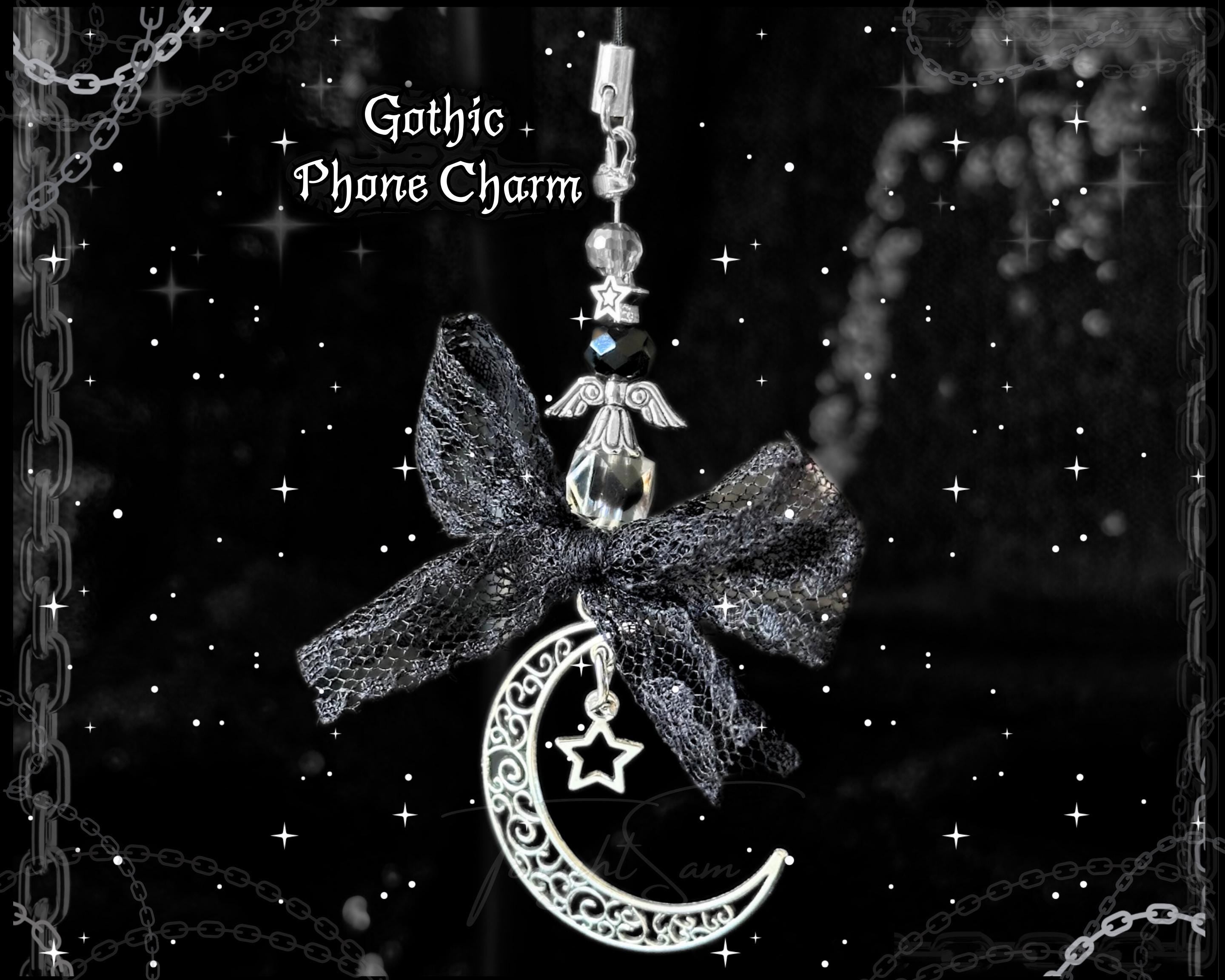 Gothic Moon Star Phone Charm, Black Lace Bow, Y2K Grunge Accessory