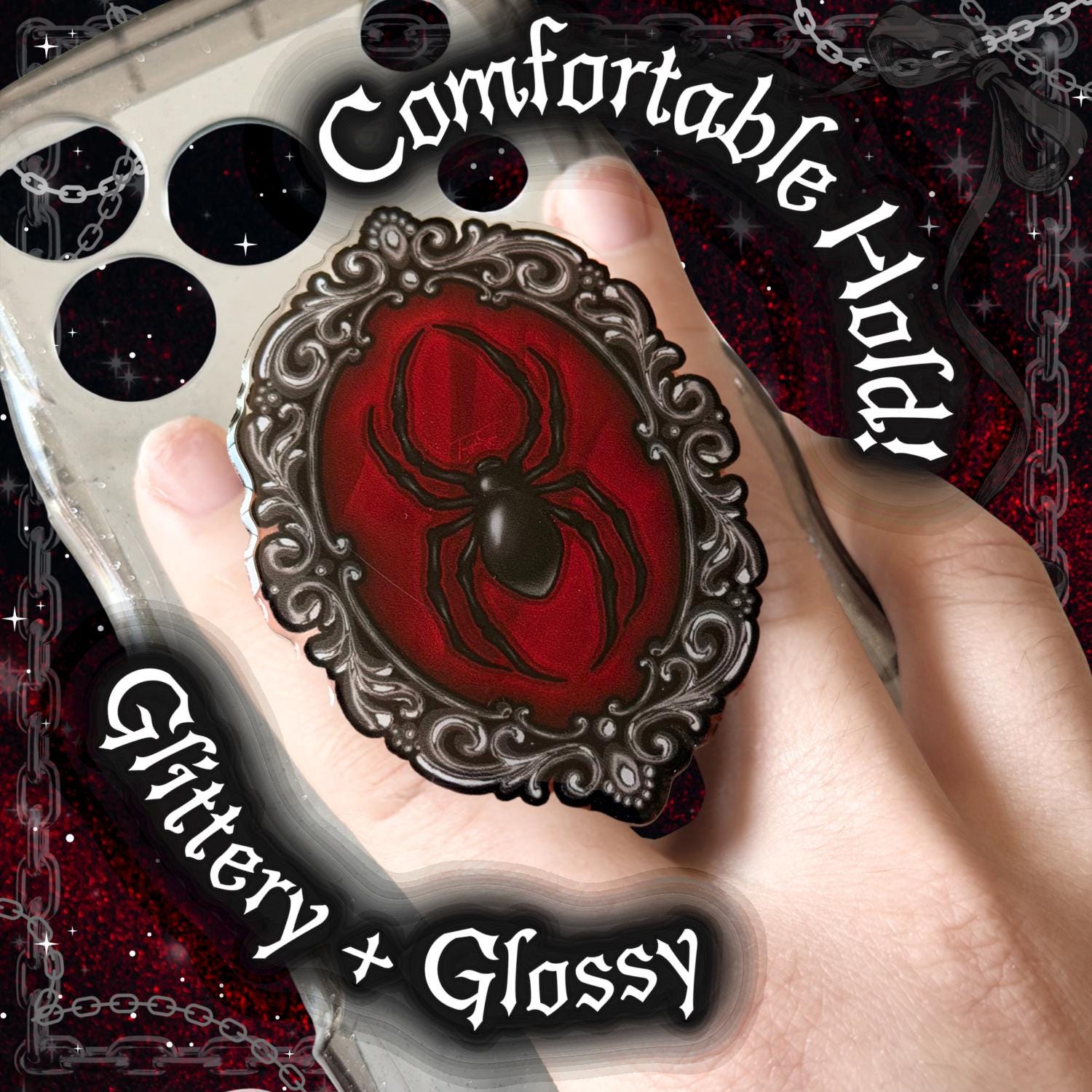 Gothic Magnetic Phone Grip Stand | Vampire Spider Cameo Design | Goth Victorian Frame