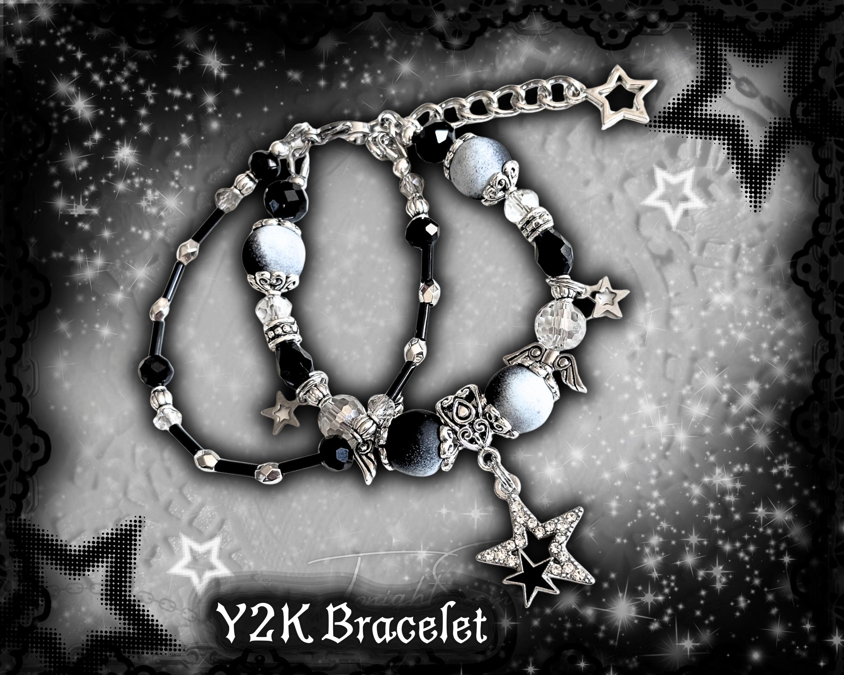 Gothic Beaded Bracelet with Silver Cross Charms, Adjustable Y2K Goth Jewelry