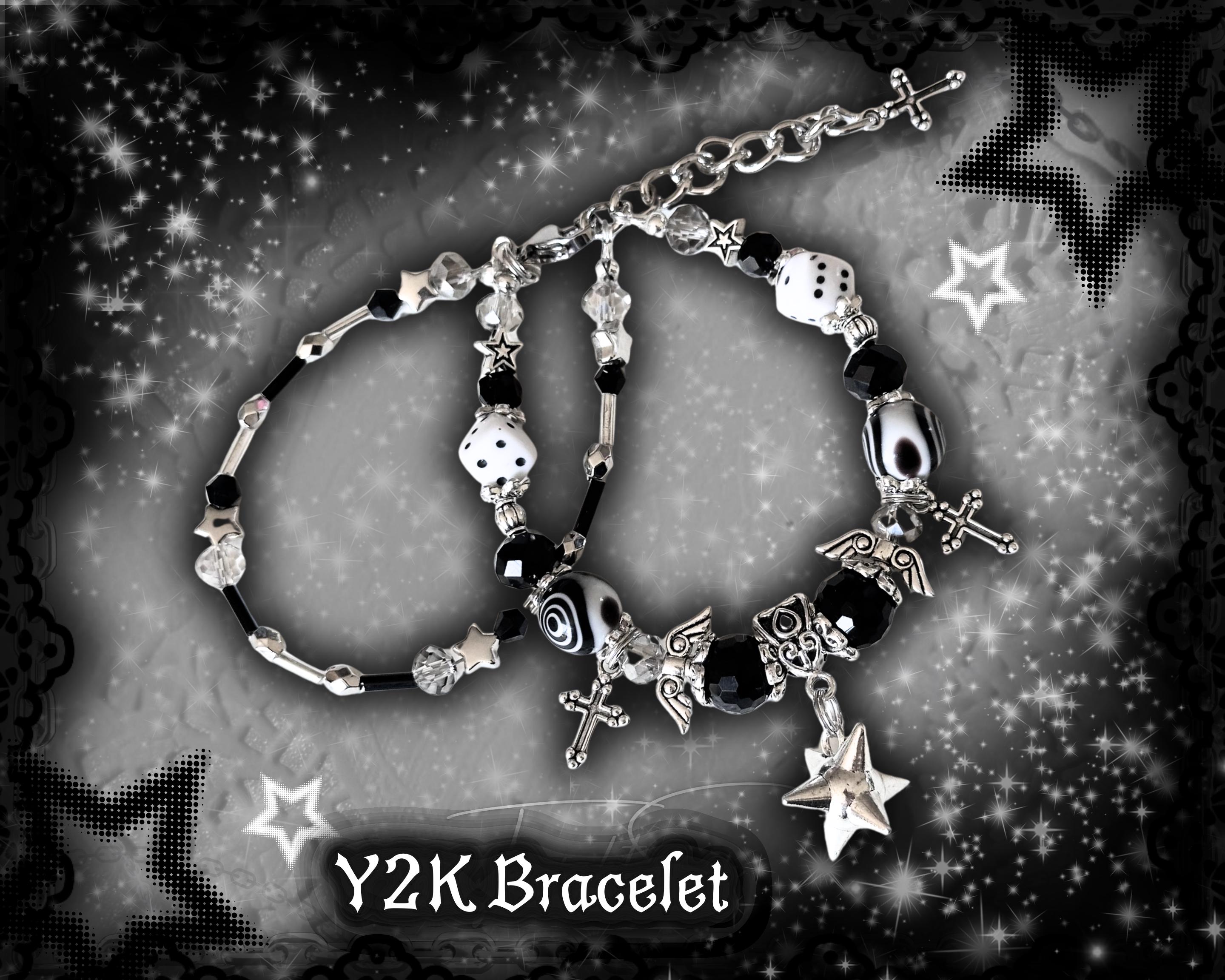 Gothic Beaded Bracelet, Silver Cross, Dice Charms, Y2K Alt Jewelry