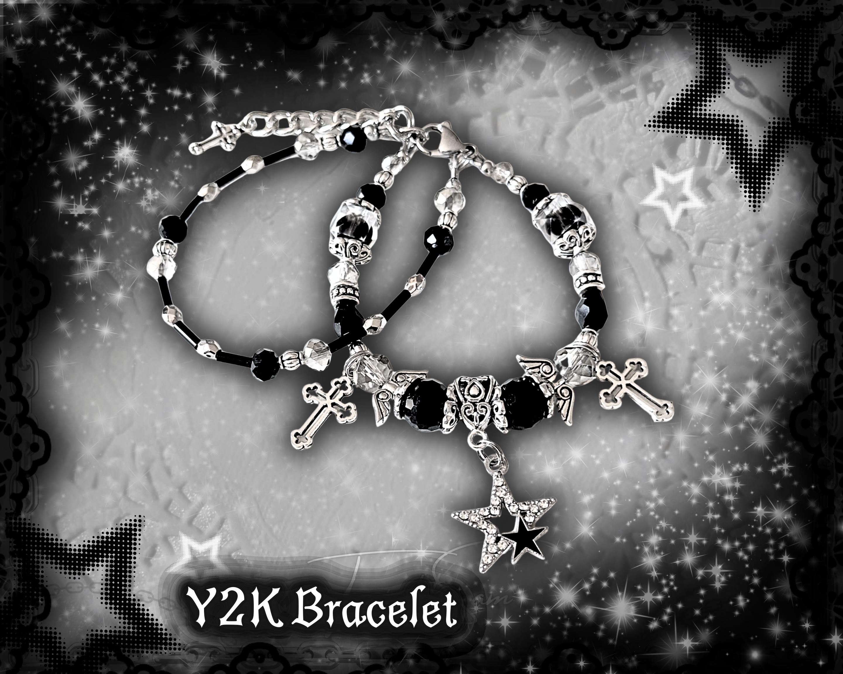 Gothic Beaded Bracelet with Silver Cross & Angel Wing Charms