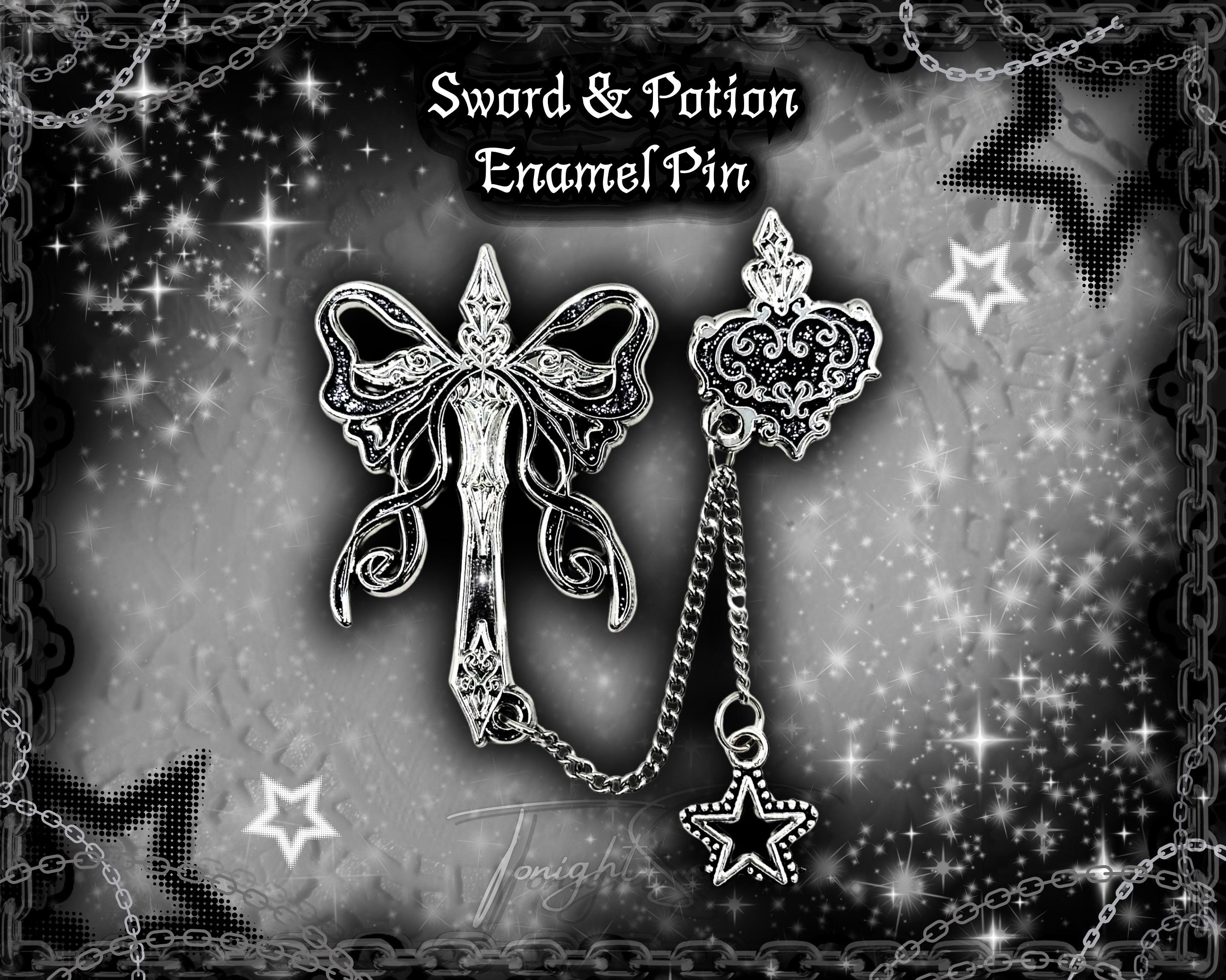 Gothic Sword & Potion Enamel Pin – Dark Fantasy Accessory for Alt Fashion