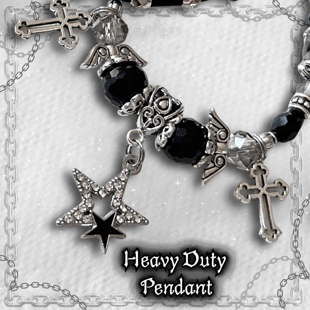 Gothic Beaded Bracelet with Silver Cross & Angel Wing Charms