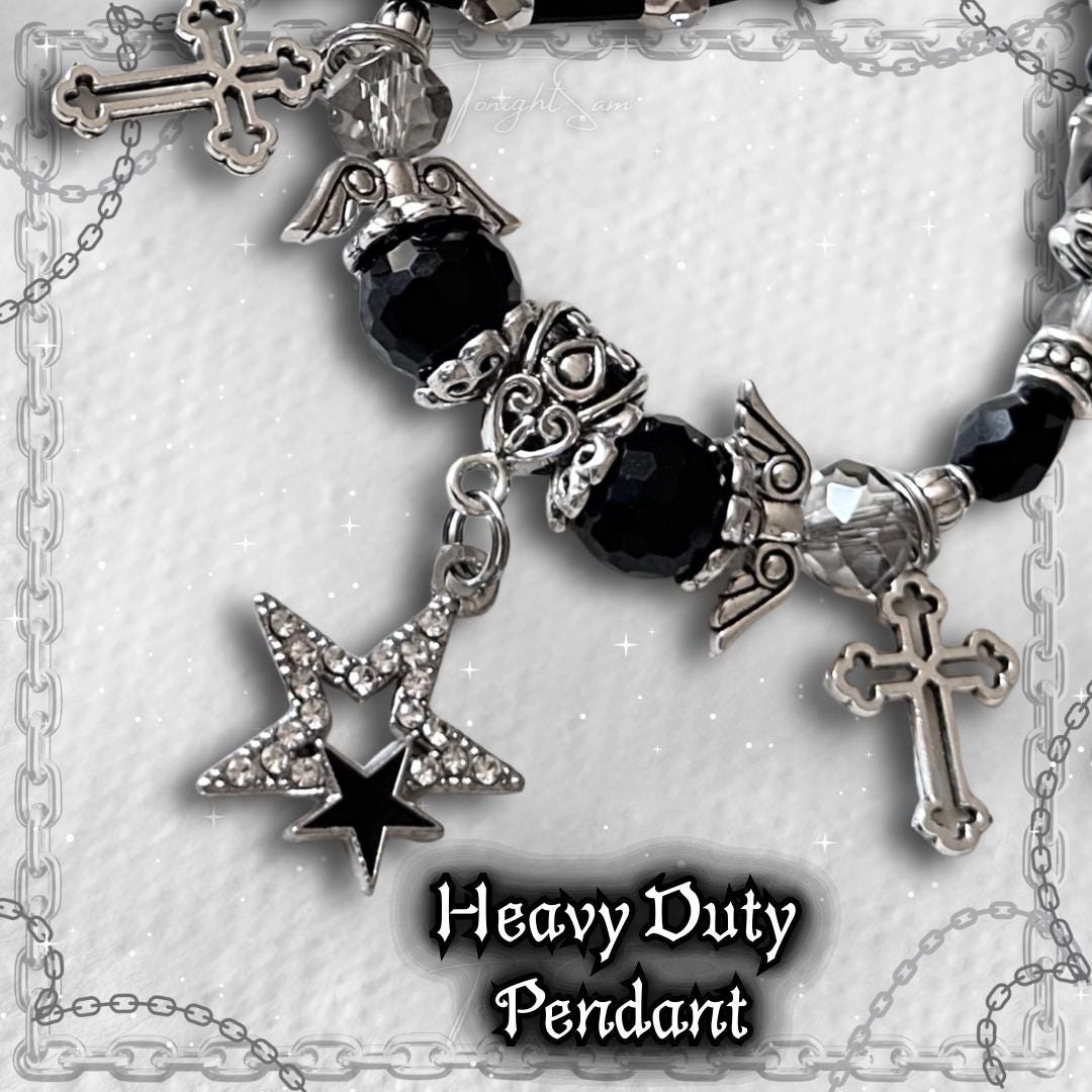 Gothic Beaded Bracelet with Silver Cross & Angel Wing Charms
