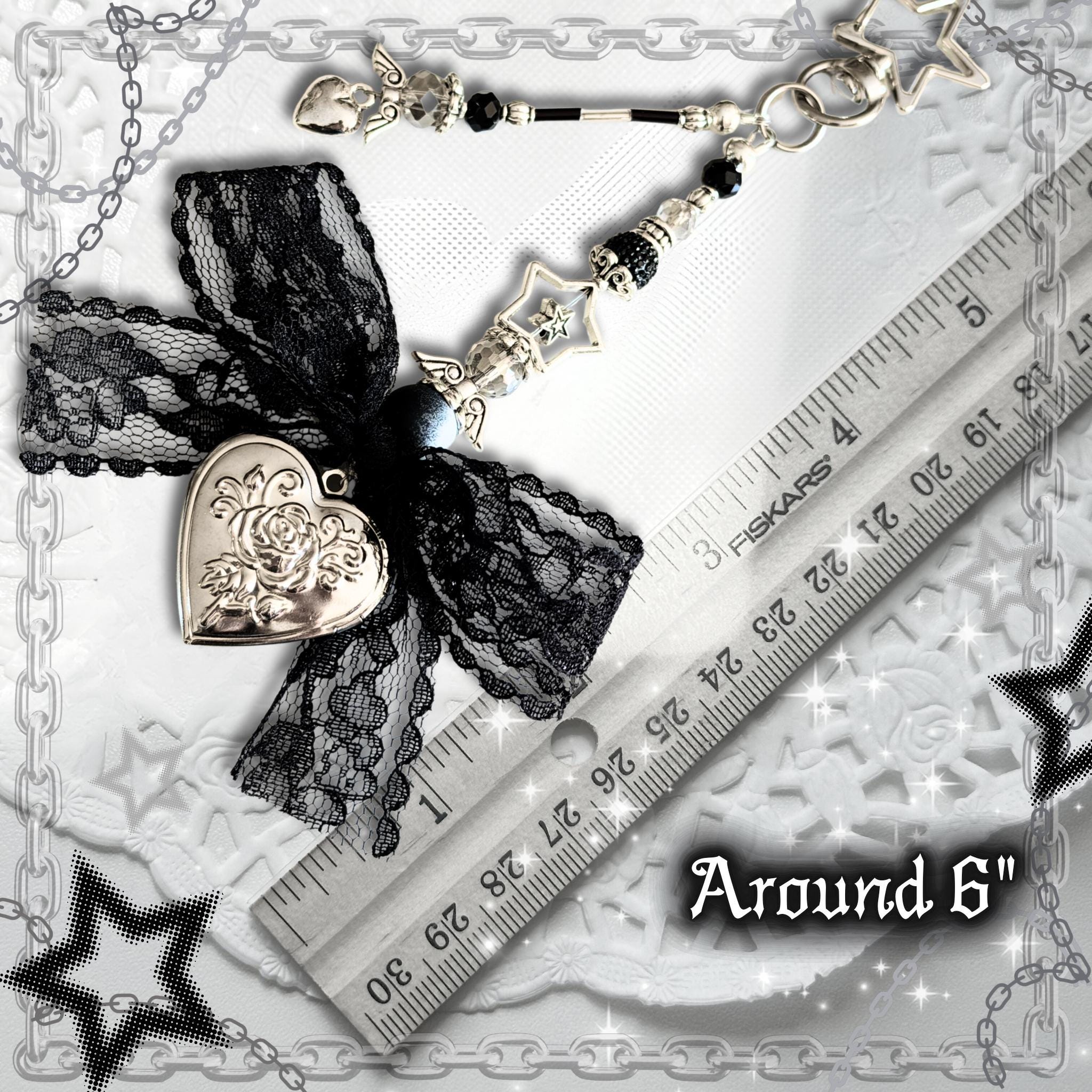 Gothic Cross Locket Keychain, Lace Bow Vampire Y2K Bag Charm, Black Alt Accessory