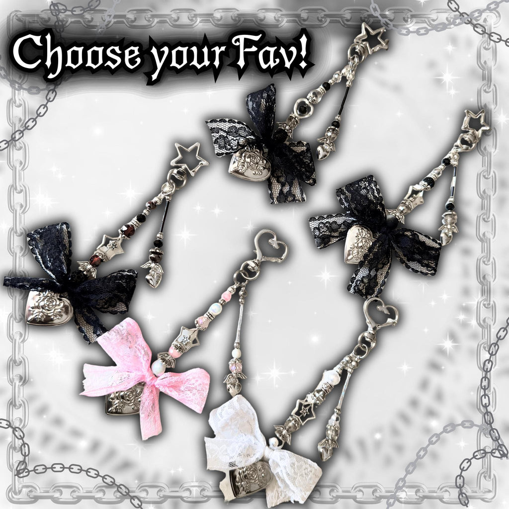 Gothic Cross Locket Keychain, Lace Bow Vampire Y2K Bag Charm, Black Alt Accessory