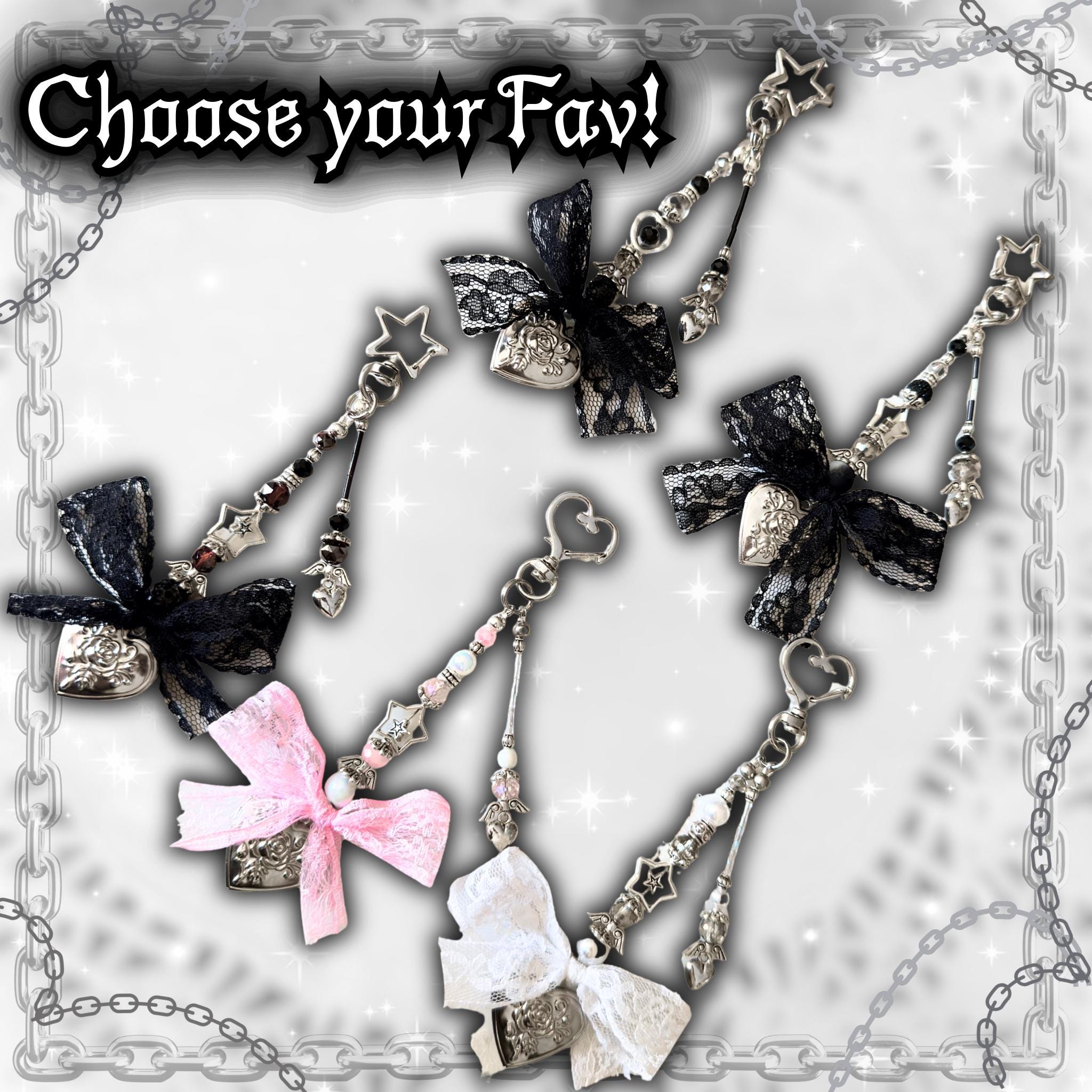 Gothic Cross Locket Keychain, Lace Bow Vampire Y2K Bag Charm, Black Alt Accessory