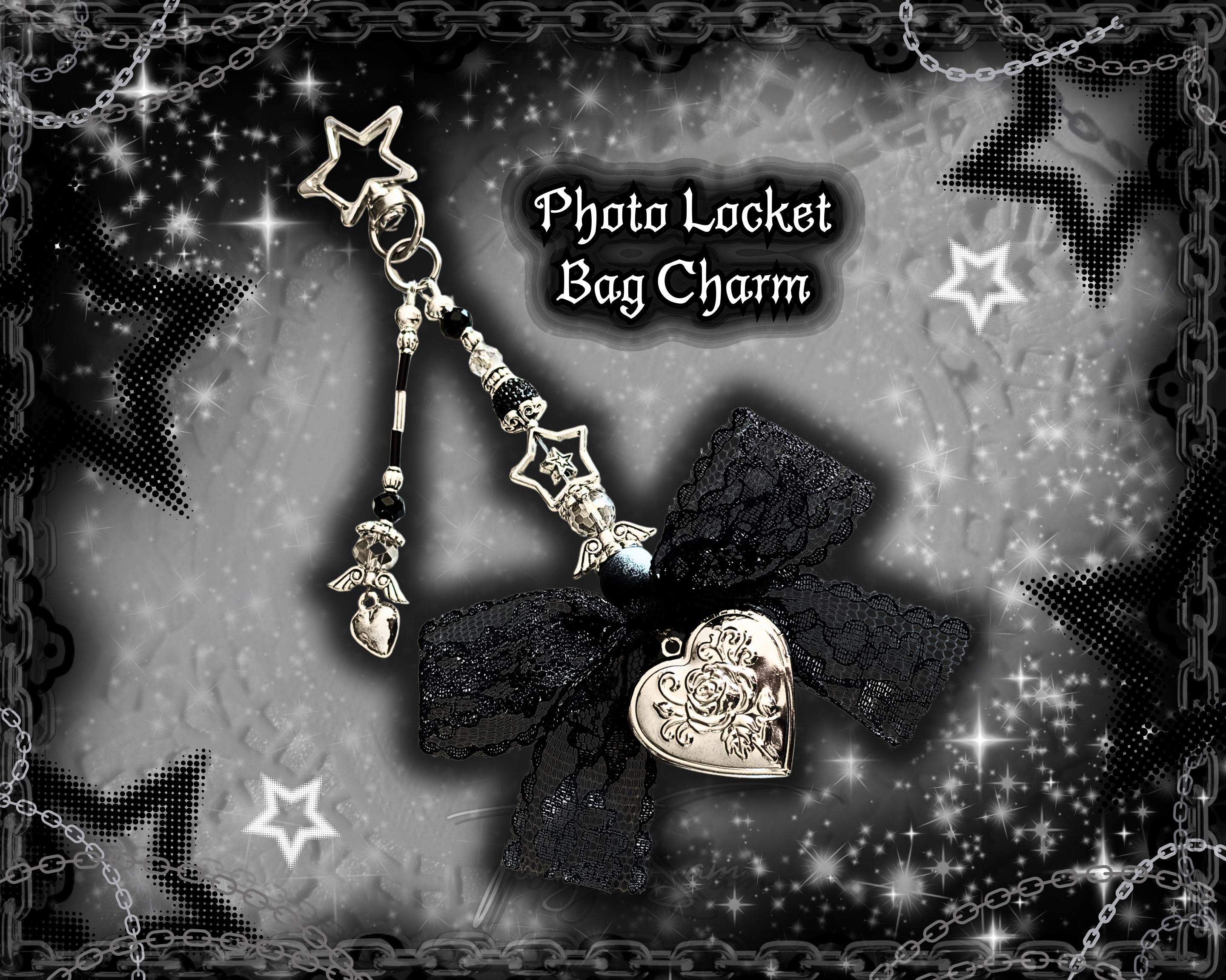 Gothic Cross Locket Keychain, Lace Bow Vampire Y2K Bag Charm, Black Alt Accessory