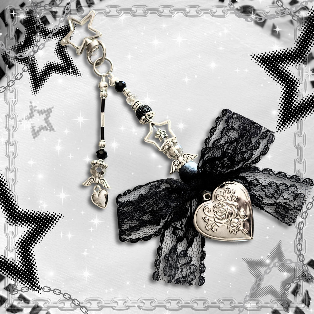 Gothic Cross Locket Keychain, Lace Bow Vampire Y2K Bag Charm, Black Alt Accessory