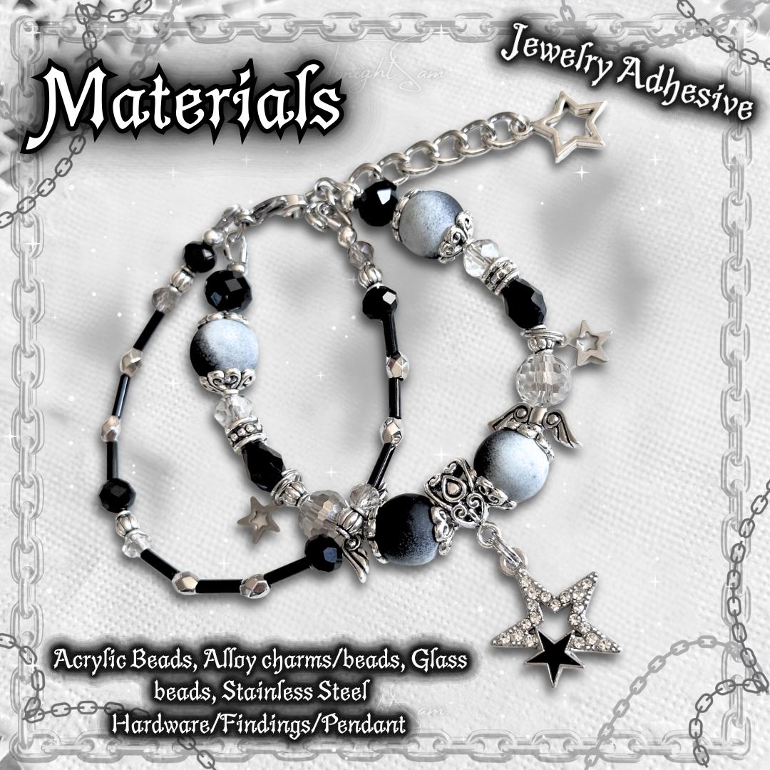 Gothic Beaded Bracelet with Silver Cross Charms, Adjustable Y2K Goth Jewelry