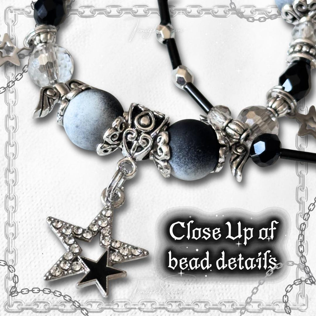 Gothic Beaded Bracelet with Silver Cross Charms, Adjustable Y2K Goth Jewelry