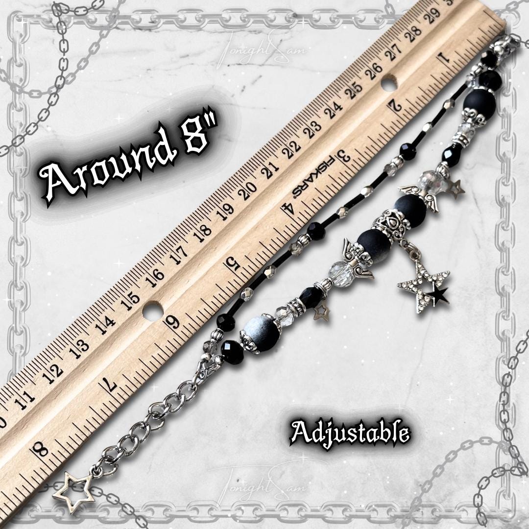 Gothic Beaded Bracelet with Silver Cross Charms, Adjustable Y2K Goth Jewelry