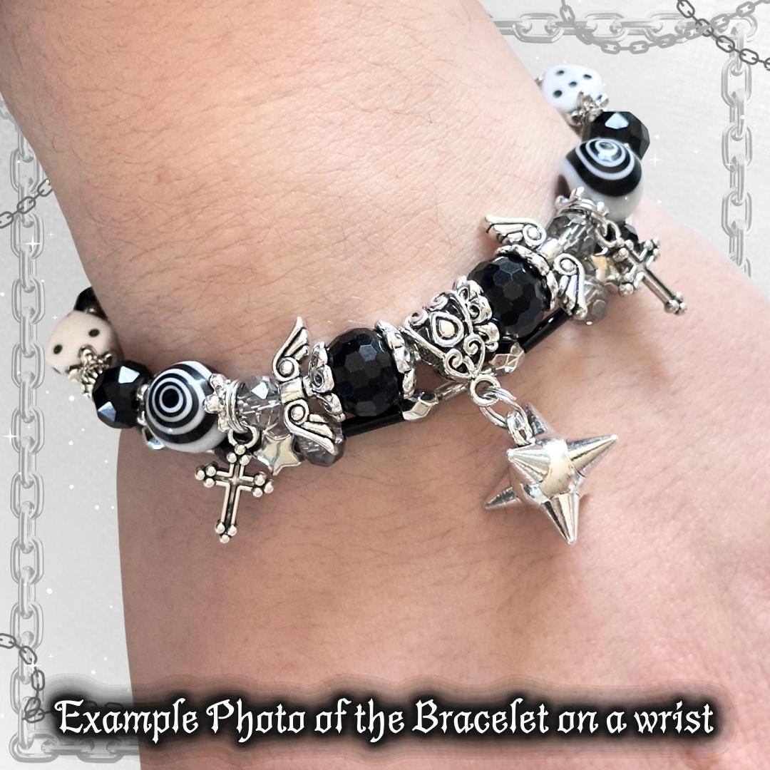 Gothic Beaded Bracelet, Silver Cross, Dice Charms, Y2K Alt Jewelry