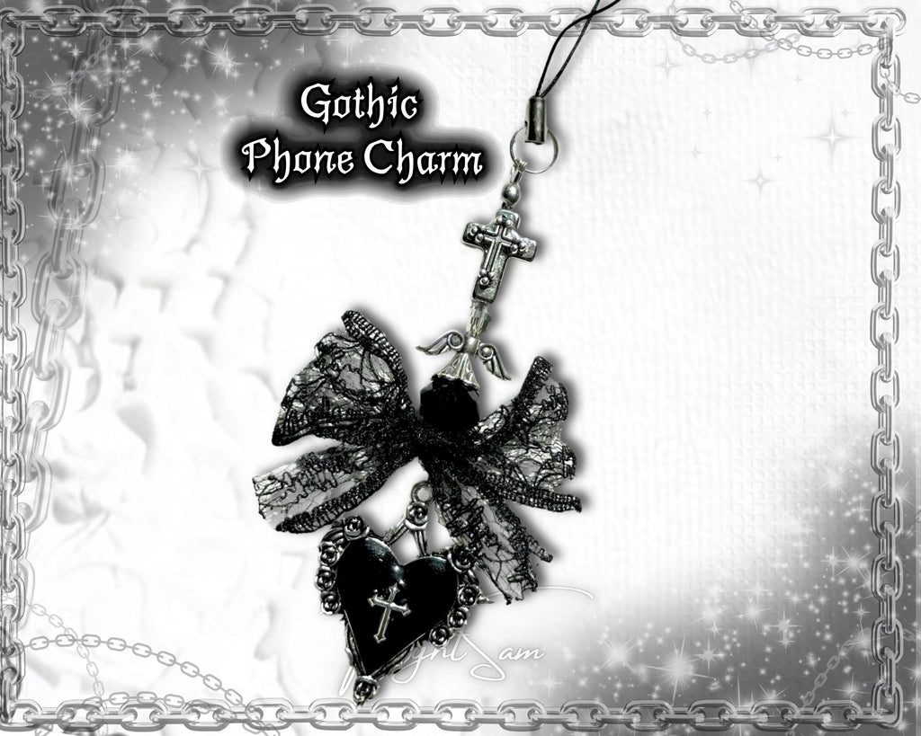 Gothic Vampire Phone Charm: Black Beaded Phone Strap, Spooky Alt Accessory