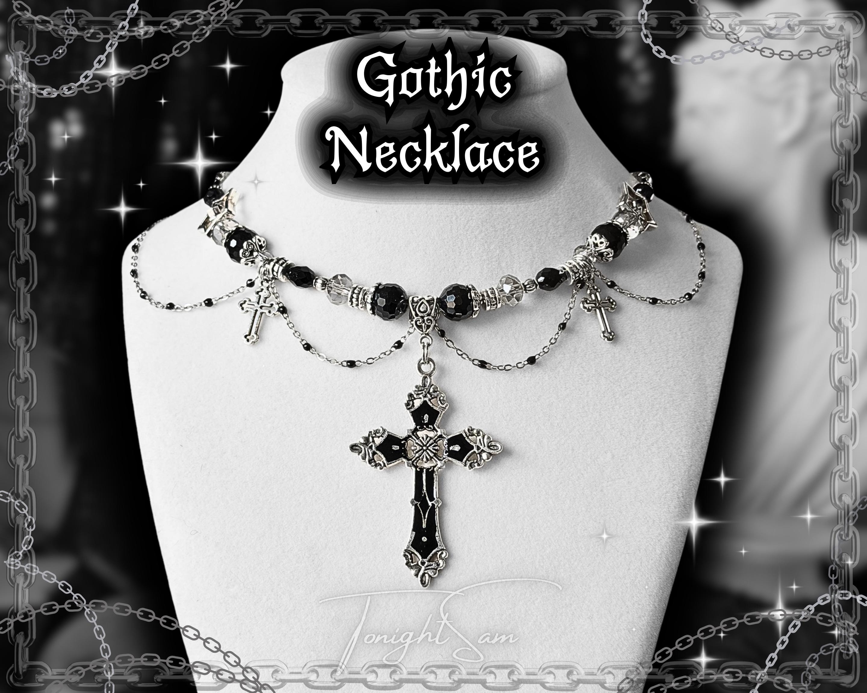 Gothic Cross Pendant Necklace, Black Beaded Chain Choker, Dark Romantic Victorian Statement Jewelry