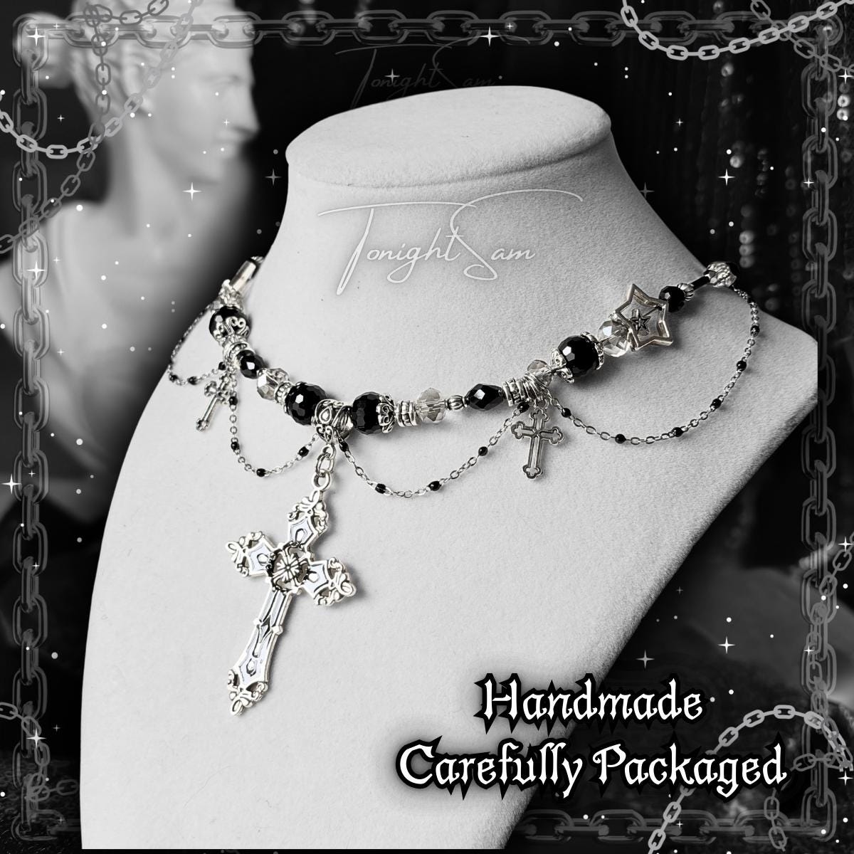 Gothic Cross Pendant Necklace, Black Beaded Chain Choker, Dark Romantic Victorian Statement Jewelry