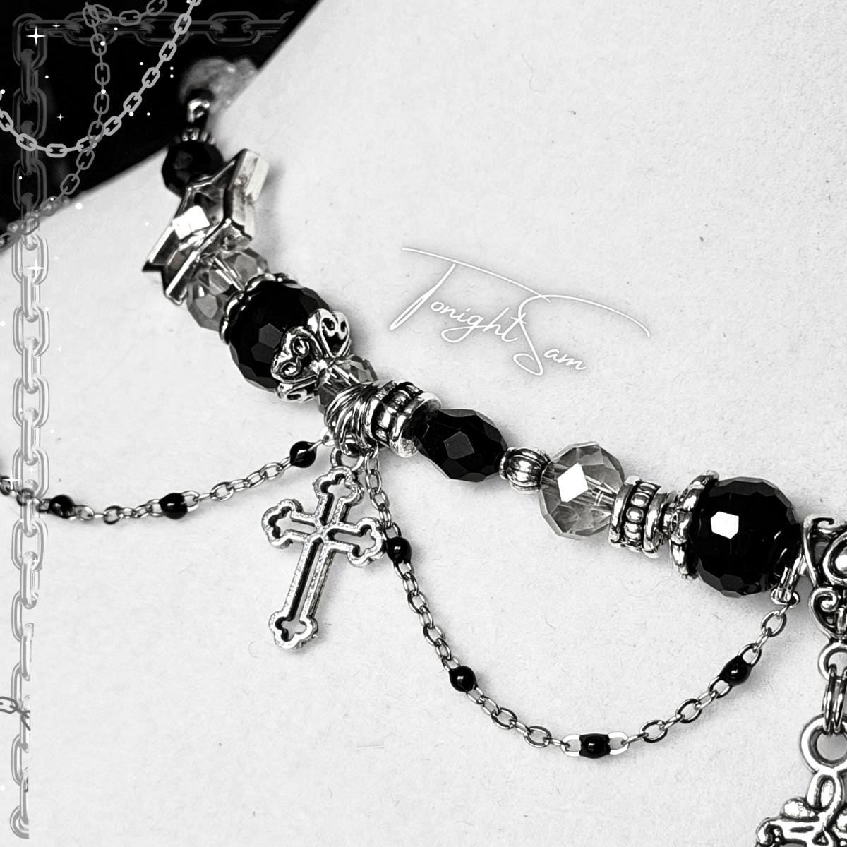 Gothic Cross Pendant Necklace, Black Beaded Chain Choker, Dark Romantic Victorian Statement Jewelry