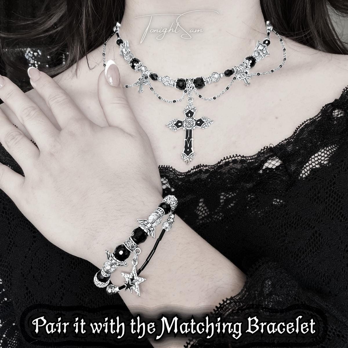 Gothic Cross Pendant Necklace, Black Beaded Chain Choker, Dark Romantic Victorian Statement Jewelry