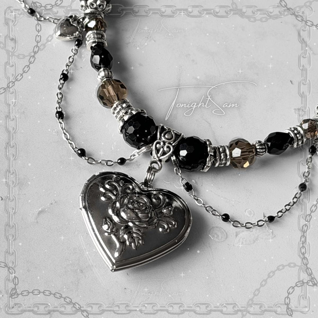 Gothic Valentine Heart Locket Necklace, Victorian Beaded Pendant Choker, Dark Romantic Personalized Jewelry