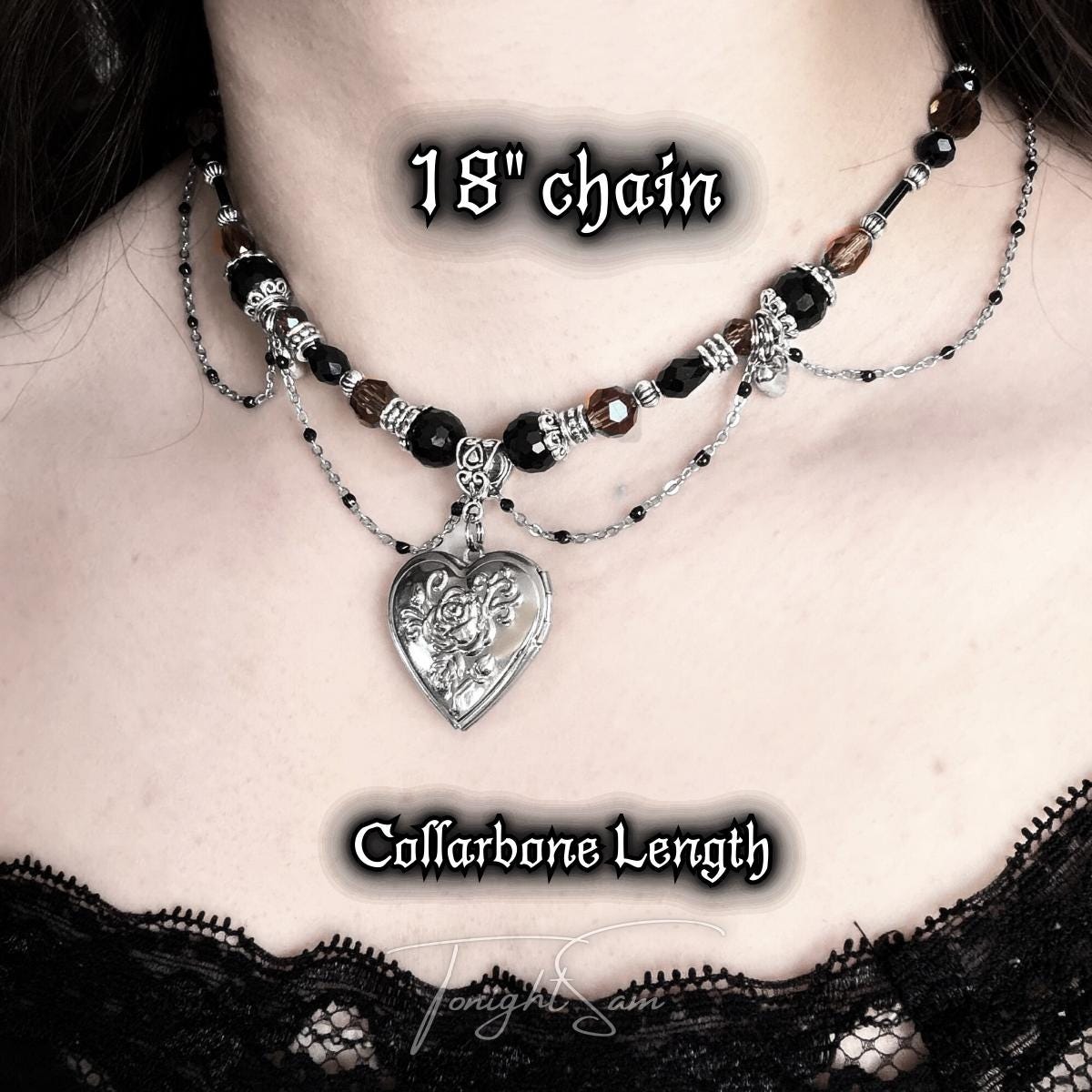 Gothic Valentine Heart Locket Necklace, Victorian Beaded Pendant Choker, Dark Romantic Personalized Jewelry